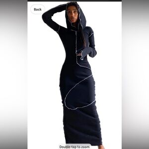 Fashion Hoodie Contrast Seam Patchwork Bodycon Maxi Dress Streetwear